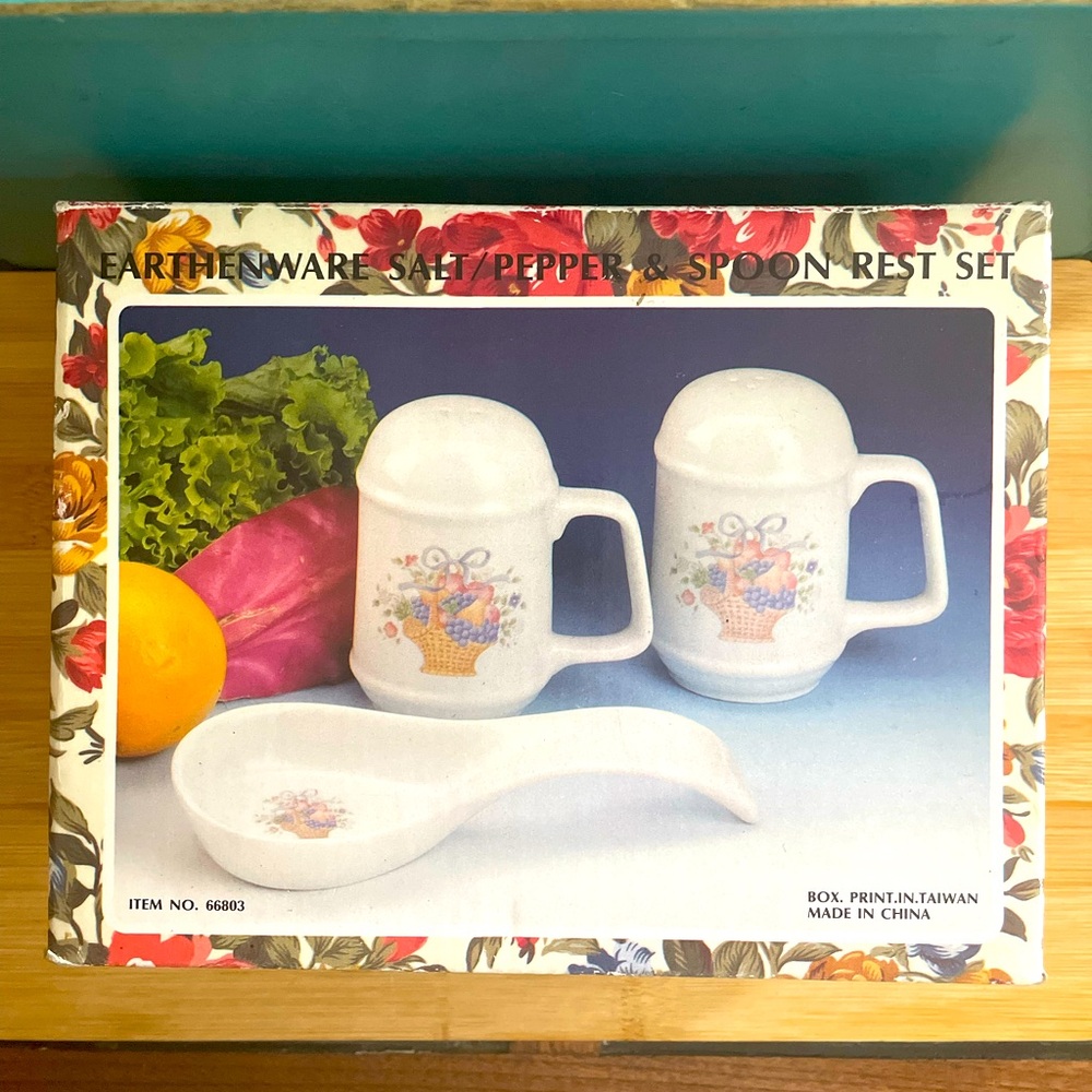 Vintage Earthenware Salt Pepper and Spoon Rest Set Fruit Basket Design
